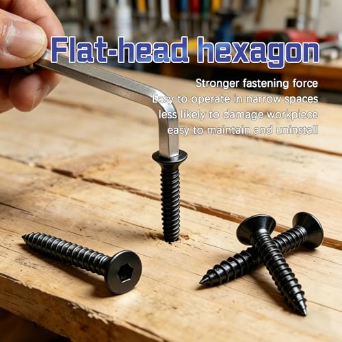 35-Piece #10 x 1-1/2" Flat Head Hex Socket Self Tapping Screws - Black Zinc Plated Steel, Countersunk Wood Screws with Drive Bit, for Woodworking & Furniture Repair - size: #10 x 1-1/2"