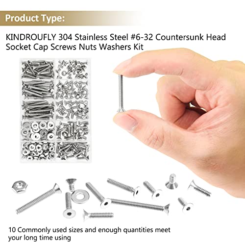 252 Pieces #6-32 x 1/4", 5/16", 3/8", 1/2", 5/8", 3/4", 1", 1-1/4", Countersunk Head Socket Cap Screws Nuts Washers Assortment Kit, 304 Stainless Steel, Fully Machine Thread - size: #6-32, style: Countersunk Head