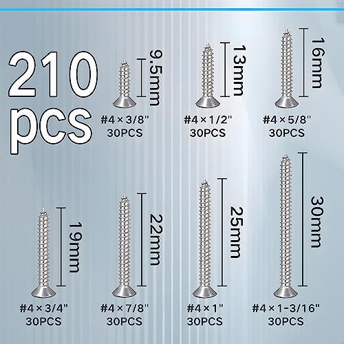 210Pcs Wood Screws #4 304 Stainless Steel M3 Phillips Flat Countersunk Head Self Tapping Screw Phillips Drive Wood Fastener Small Screws Sheet Metal Screw Assortment