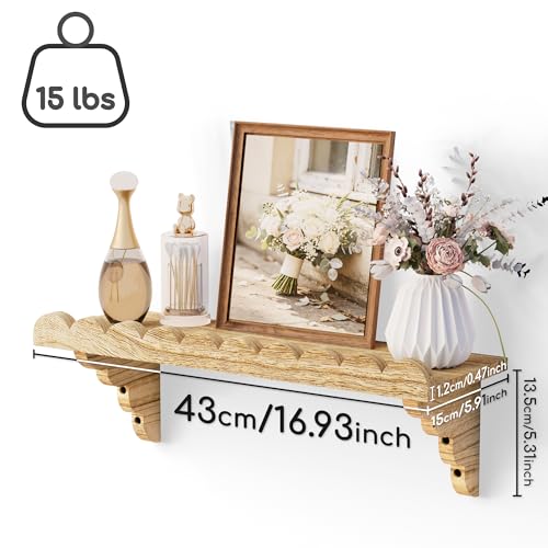 QsQueen Scalloped Wood Wall Shelf – 17 Inch Floating Shelf with Wood Brackets, Easy to Install Rustic Wall Shelf for Living Room, Bedroom, Bathroom, or Any Space - Light Brown - color: Light Brown