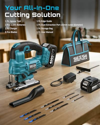 SEESII Brushless Jig Saw, Cordless Jigsaw Tool 2×4.0Ah Batteries - color: Light Blue