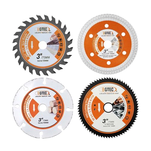 BGTEC Circular Saw Blade - 4PCS 3" Cutting Disc Arbor 3/8" for Wood Plastic Tile Metal Steel - style: TCT+Wood Metal+Tile