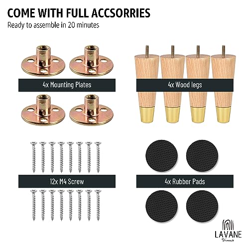 La Vane 8 inch Ash Wood Furniture Legs with Gold Caps, Set of 4 Mid-Century Modern Tapered Varished Wooden Replacement Feet with 5/16 Inch Bolt & Mounting Plate for Sofa Couch Bed Armchair Ottoman | Clear Coated, 400lb Load Capacity, Non-slip & Protects F