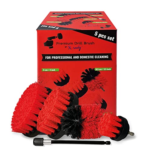 Premium Drill Brush Professional – Stiff 5-Piece Set (5/4/3.5/2 in Brushes + 6 in Extension) | Scratch-Free Heavy-Duty Outdoor Cleaning for Patio, Decking, Garden Tools and Stone Surfaces - color: Red