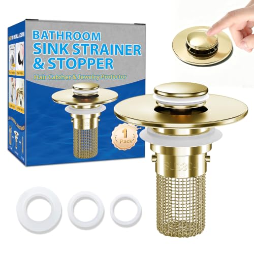 Bathroom Sink Drain Strainer, Pop-Up Bathroom Sink Stopper with Removable Stainless Steel Hair Catcher Basket, Universal Fit for US Bathroom Sinks, Showers & Floor Drains (1pcs-Gold) - color: 1pcs-gold