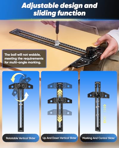 Saker Aluminum Alloy Multi-Angle Marking Ruler,Adjustable Sliding T-Square with Scriber & Protractor,Precision Layout Tool for Woodworking, Carpentry & Design (Black) - color: Black