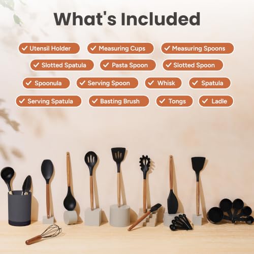 SMIRLY Silicone Kitchen Utensils Set, 22-Piece Acacia Wood Handle, Black - color: Black