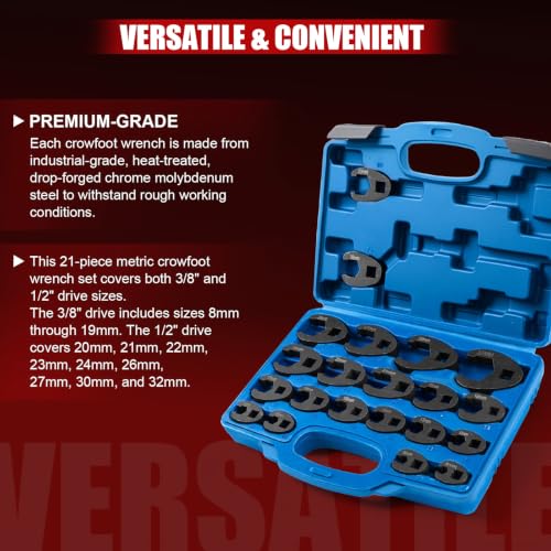 21Pc Crowfoot Wrench Set–6 Point, 1/2" & 3/8" Drive, Metric 8-32mm