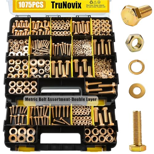 1075 Pcs Metric Bolts and Nuts Assortment Kit – Grade 8.8 | M4 M5 M6 M8 M10 M12 Hex Head Yellow Zinc Bolt Set with Nuts & Washers | 12-40mm Length with Heavy Duty Double-Sided Organizer
