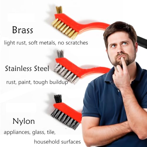 Wire Brush Set (3-Pack) for Precision Cleaning – Brass, Nylon & Stainless Steel Brushes for Rust Removal, Delicate Surfaces & Tight Spaces – 7-Inch Curved Handle - color: 3 PCS RED
