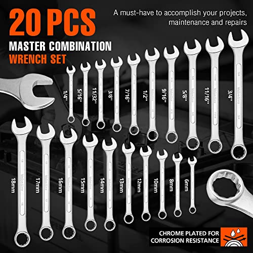 ValueMax 20PCS Mechanics Wrench Set Metric and Standard with Roll Up Pouch