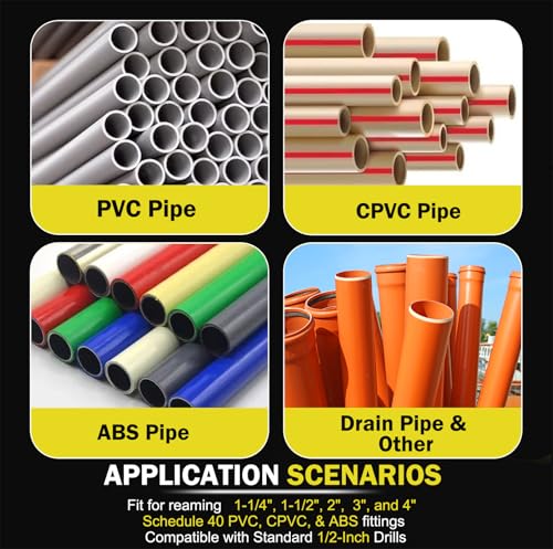5-Piece PVC Pipe Reamer Tool Kit for PVC, CPVC, ABS Fittings, Includes 1.25", 1.5", 2", 3", 4" Reamers, 3/8" Hex Shaft, Compatible with Standard 1/2" Drills for Pipe Cleaning & Smoothing Edges - size: 1.25+1.5+2+3+4 Inch