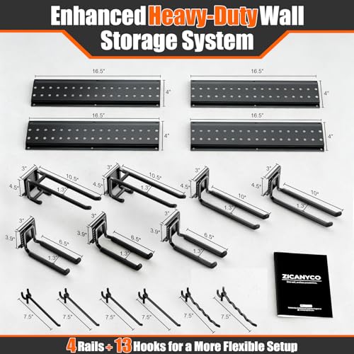 Garage Tool Organizer Wall Mount 66 inches with 13 Adjustable Heavy-Duty Hooks, Garage Organization, Garden Tool Storage Rack for Garage, Yard, and Shed, Holds Up to 520 lbs - color: Black, size: 64" | 4 Panels + 13 Hooks