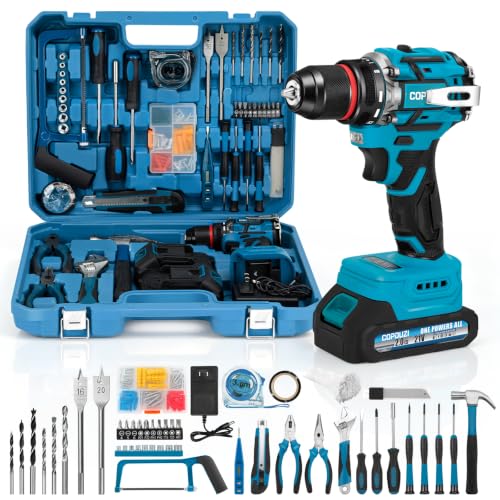 21V Cordless Drill Driver Combo Kit, Brushless Power Drill Tool Set with 2x2.0Ah Battery, 210-PCs Portable General Basic Home Repair Tool Set, Electric Drill Kit for Daily Home Repair, DIY
