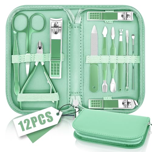 Manicure Pedicure Set, Nail Clipper Set for Men Women, Professional Manicure Kit Pedicure Kit, Nail Care Kit with Green Travel Leather Bag, Set 12 in 1 - color: green