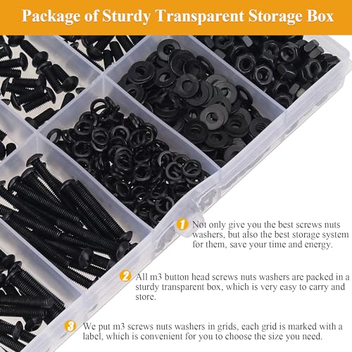 555 Pieces M3 Screws Nuts Washers Set Black, Sutemribor M3 x 6/8/10/12/16/20/25mm Button Head Socket Cap Screws Nuts Washers Assortment Kit, 10.9 Grade Alloy Steel, Fully Threaded - size: M3 x 6-25mm, style: Button Head