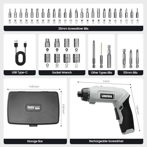 UNIWA Cordless Electric Screwdriver Rechargeable-650 RPM Power Drill-Grey - color: Grey