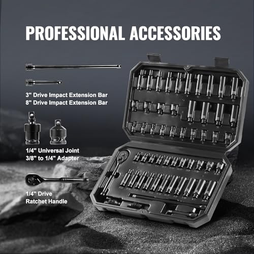 VEVOR Impact Socket Set 1/4" Drive, 55-Piece Deep & Shallow Socket Set Standard SAE (5/32 to 9/16 inch) & Metric (4 to 15 mm) Size, 6 Point, CR-V, Extension Bar, Universal Joint, Reducer - size: 1/4" 55PCS