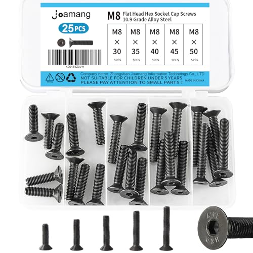 M8 x 30mm 35mm 40mm 45mm 50mm Flat Head Hex Socket Cap Screws Countersunk Bolts, 10.9 Grade Alloy Steel, Black Oxide Finish, Metric Allen Drive, Fully Threaded, Assortment Kit 25Pcs - size: M8 x 30/35/40/45/50 mm