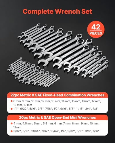 VEVOR Combination Wrench Set, 42-Piece SAE and Metric, 12-Point Box End and 15° Angled Open End Combination Wrenches with Roll Up Pouch, Carbon Steel, for General Household and Automotive Repairs - size: 42PCS (Metric&SAE)
