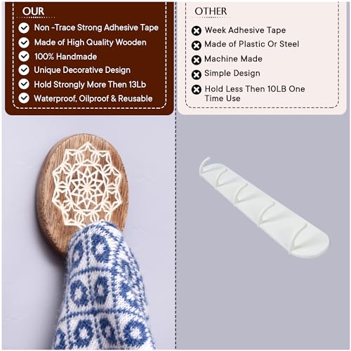 Indian Shelf 6 Pieces Wooden Adhesive Wall Hooks for Keys, Hats & Bags - color: Brown Style 8