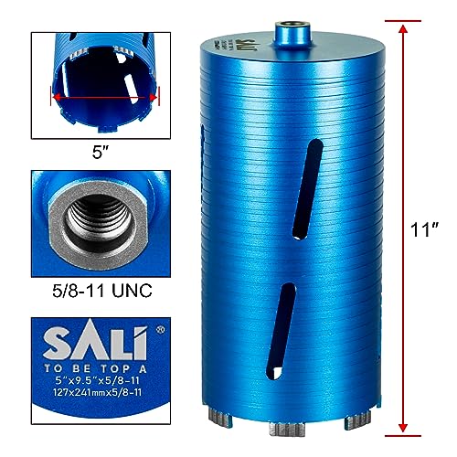 SALI Diamond Core Drill Bits 5" Diameter 10"/254mm Drilling Depth 5/8-11" Thread Core Bit Turbo Laser-Welded Segments for Cured Concrete with, Brick, Block, Masonry, with Two Adapters - size: 5 inch