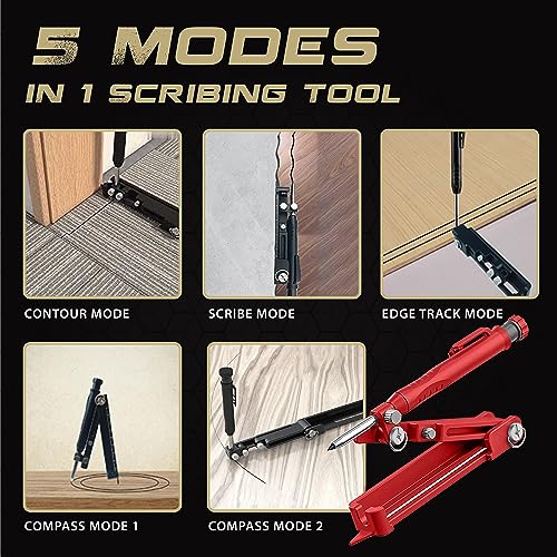 Multi-function Scribing Tool, Zinc Alloy Smart Scribe Tool with Solid Carpenter Pencil, DIY Scribe Tool Woodworking, Gauge Scriber Line Maker, Measuring Tool with Scale, Red - color: Red