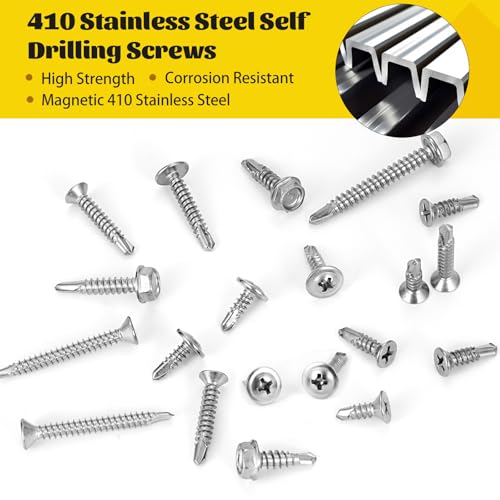 475Pcs #8#10 Self Tapping Screws for Metal, 410 Stainless Steel Self Drilling Screws Assortment, Truss Head & Hex Head & Pan Head Sheet Metal Screws, Length 1/2" to 2" - size: 475pcs #8#10 Silver