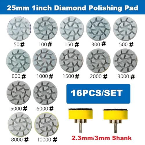 1inch 25mm Mini Diamond Polishing Pad Set, 14 Different Grit 50#-10000# Water Sanding Discs & 2.3mm 3mm Shaft Hook & Loop Back Holder for Detail Fine Grinding - style: 2.3mm 3mm Shank