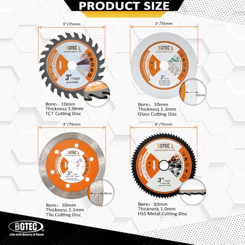 BGTEC Circular Saw Blade - 4PCS 3" Cutting Dics Arbor 3/8" for Wood Plastic Glass Tile Metal Steel - style: TCT+Glass+Tile+Metal