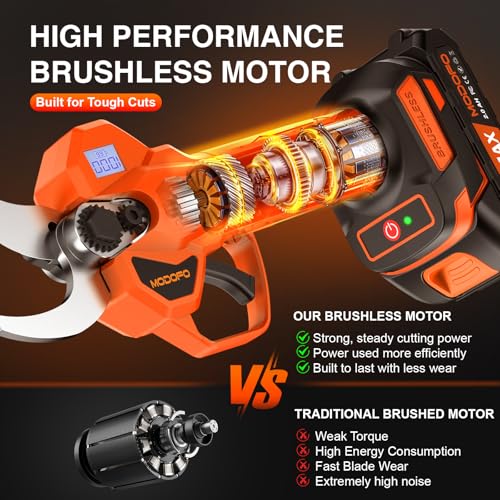 Electric Pruning Shears, Upgraded 2.1" Cutting Garden Shears with LCD Display, Brushless Motor Cordless Power Pruner with 2.0 Ah*2 Batteries for Garden Tree Pruner Branch - style: 2.1" orange