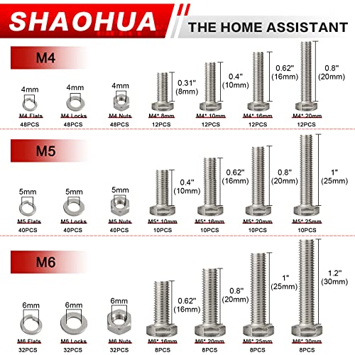 480PCS Metric Hex Head Bolt Assortment, M4 M5 M6 Machine Screw Assortment Kit, A2-70 304 Stainless Steel Hex Bolts and Nuts Kit, Assorted Nuts and Bolts Assortment Kit, Flat & Spring Lock Washers - size: G. M4 M5 M6