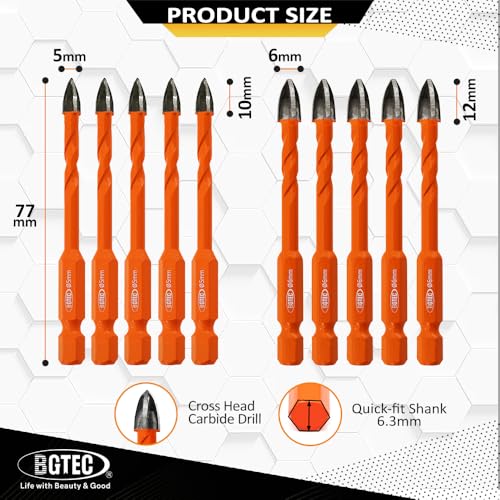 BGTEC Cemented Carbide Drill Bits -10pcs Quick-fit Shank 5MM*5+6MM*5MM Cross Spiral Hard Alloy Drill Bit for Wood Plastic Masonry Ceramic Tile Concrete Marble - size: 10pcs 5MM*5+6MM*5MM
