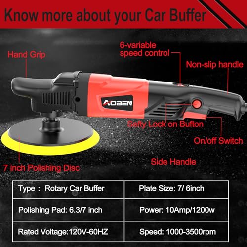 AOBEN Rotary Buffer Polisher,1200W 6-inch/ 7-inch Car Buffer,Car Polisher Waxer Kit with 6 Variable Speed 1000-3500RPM & 4 Polishing Pads,Detachable Handle for Boat,Car Polishing and Waxing - size: AT3501-A