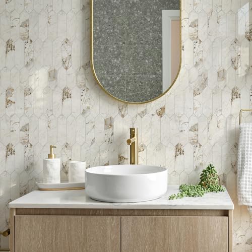 Vamos Tile Glossy Pandora Marble with Gold Veining Backsplash Tile Peel and Stick, 12.8 x 12.8 Inch 10 Sheets Long Hexagon PVC Self Adhesive Mosaic Tiles Stick on Backsplash for Kitchen and Bathroom - color: Glossy Pandora Marble with Gold Veining