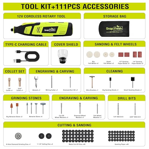 SnapFresh 12V Cordless Rotary Tool Kit, 32,000 RPM, 111 Accessories - size: 12