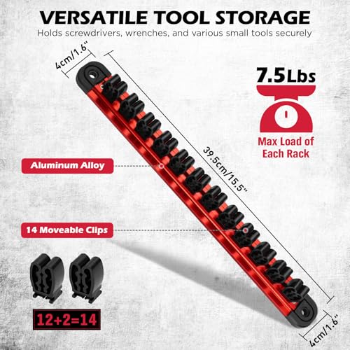SEDY Magnetic Screwdriver Organizer and Wrench Organizer, 14-Slot Screwdriver and Wrench Holder, Magnetic Aluminum Rail Tool Organizer for Tool Box Drawer Wall-Mount Storage, Red (Tools not Included) - style: 1-Pack Red (14-Slot)