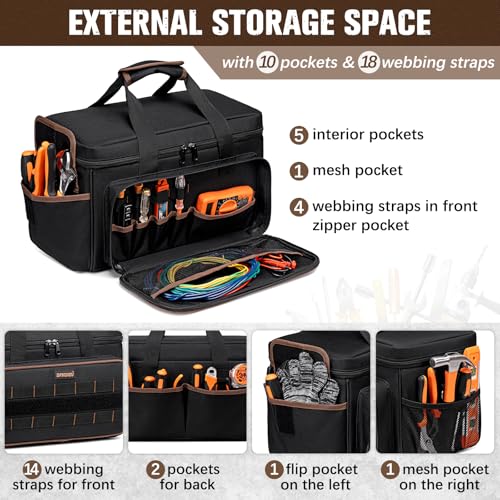 Tool Bags for Men, 17 Inch Heavy Duty, 20 Pockets, Wide Mouth | Full-opening design, 900D Oxford and shoulder strap for worksites, for electricians, mechanics, carpenters and HVAC techs