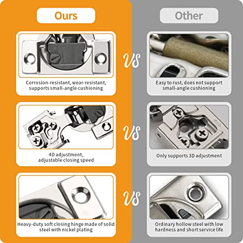 Chibery 10 Pack 1/2" Overlay 4D Soft Close Concealed Hinges for Face Frame Door, Adjustable Closing Speed, Smooth Slow Self Close Hinges, Satin Nickel, 105° Open Angle Stainless Steel Cabinet Hinges - color: 10 Pack, size: 1/2 inch Overlay