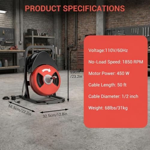 50ft x 1/2" Auto-Feed Drain Snake Cleaning Machine - 450W Electric Sewer Auger with 4 Cutters & Wheels for Sink, Toilet, Floor Drain
