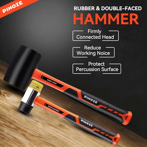 PINOZE 6-Piece Hammer Mallet Set with Fiberglass Handle Forge Steel Head, 16oz Ball Pein Hammers | 32oz Rubber Mallet | 3lb Sledge | 16oz & 8oz Claw Hammer | 22oz Double-Faced Mallet