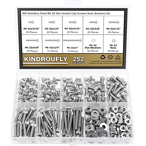 252 Pieces #6-32 x 3/16", 1/4", 5/16", 3/8", 1/2", 5/8", 3/4", 1", Hex Socket Head Cap Screws Nuts Washers Assortment Kit, 304 Stainless Steel, Fully Machine Thread - size: #6-32, style: Socket Head