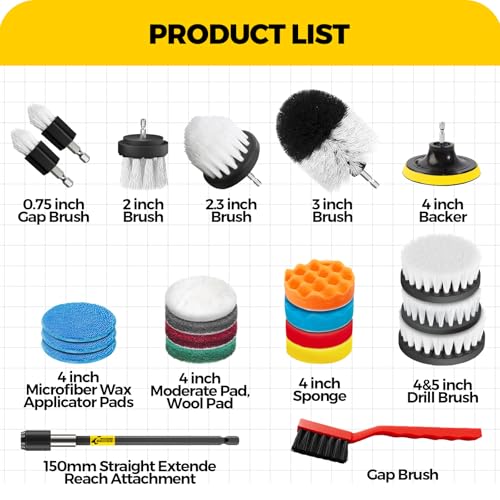 Holikme 22Pack Drill Brush Attachments Set, Scrub Pads & Sponge, Buffing Pads, Power Scrubber Brush, Car Polishing Pad Kit,Wax Applicator Pad,Car Cleaning Kit,Cleaning Supplies,Masonry Brushes,White - color: White