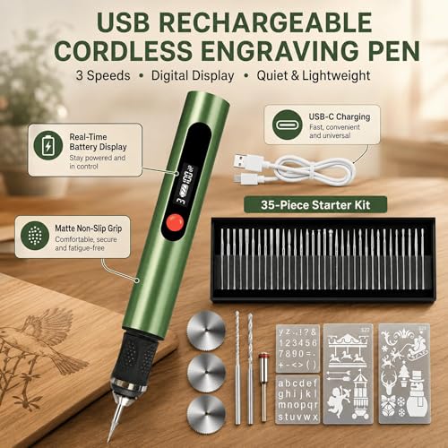 Engraving Pen,Lightweight Kit,35 Bits,3 Speed,Beginner-friendly Craft Tool - color: Green