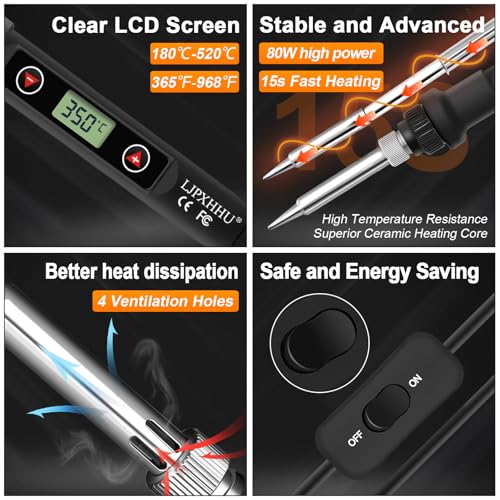 80W LCD Soldering Iron Kit Adjustable Temp 180-520℃ Precision Soldering Gun | 15s Fast Heating Electronics Soldering Kit with 50g Solder Wire, Flux, 5 Soldering Tips, Desoldering Pump, Stand, Tweezers