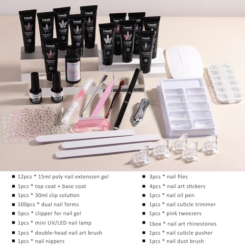 Fcozpjk Poly Nail Gel Kit with UV Light 12Colors Extension Gel Starter Kit - color: 12colors-6solid-6glitter-with-tools