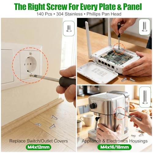 140 Pcs M4 Phillips Pan Head Long Machine Screws Kit, 304 SS | For Electrical Outlet, Switch Plate, Junction Box, Furniture Repair, Long Sizes (12mm-60mm), Storage Box, Anti-Rust - size: 140Pcs M4*12/16/18/20/25/30/35/40/45/50/55/60mm
