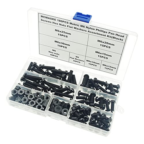 Metric M6 Phillips Pan Head Nylon Screws Nuts Flat Washers Assortment Kit, Screw Length:10mm to 30mm(Black) - size: M6