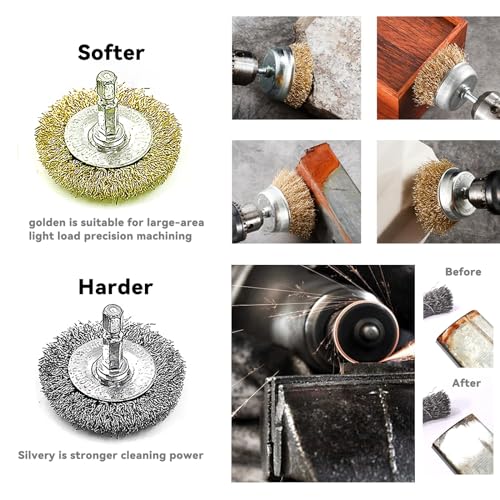 Daily Treasures 10 Pack Wire Wheel Cup Brush Set for Drill Abrasive with 1/4" Hex Shank,Extension Rod for Safty,Brass Coated Crimped Drill Sanding Attachment，Metal Brush for Drill Rust Removal