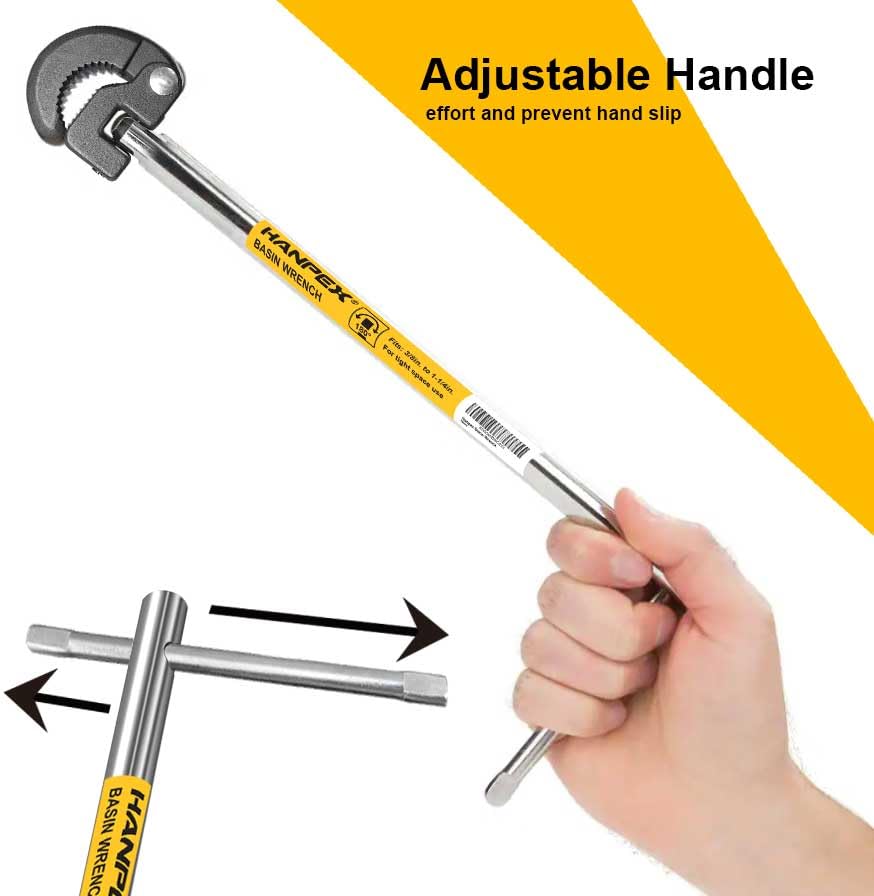 Hanpex 11-Inch Adjustable Basin Wrench for 3/8'' to 1-1/4'' with Spring-loaded Jaw, Sink Wrench for Tight Space Use